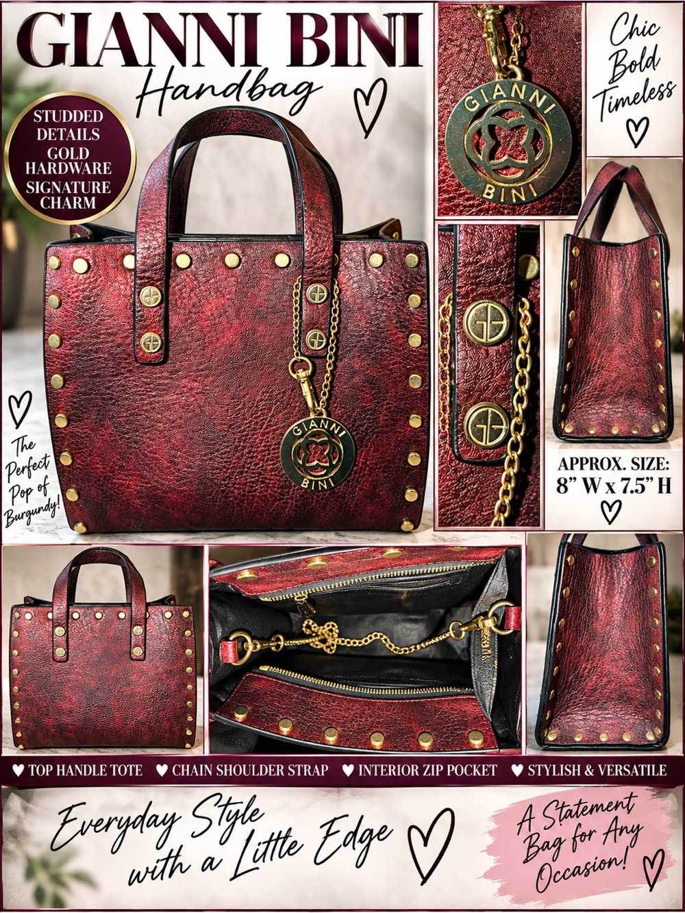 Gianni Bini Burgundy Metallic Studded Small Tote Bag Gold Hardware Charm